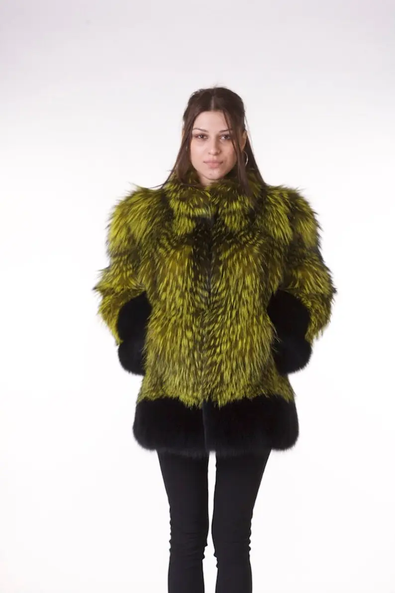 Lime Green and Black Fox Fur Coat Women’s