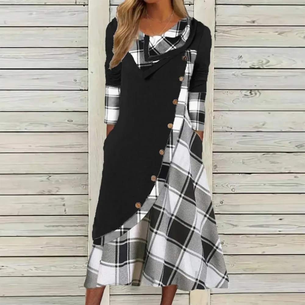 Women's Long Sleeve Scoop Neck Plaid Printed Button Stitching Midi Dress