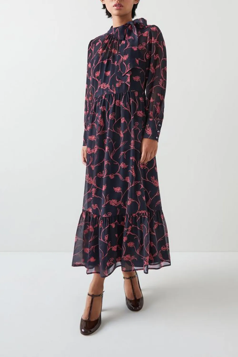 Dark Blue Pink Floral Long Sleeve Midi Dress