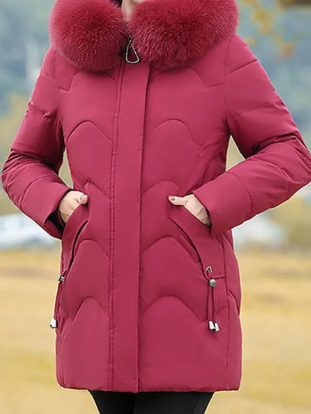 Women's Parka Warm Breathable Outdoor Street Daily Wear Going out Zipper Pocket Fur Collar Zipper Hoodie Fashion Modern Casual Street Style Solid Color Regular Fit Outerwear Long Sleeve Fall Winter