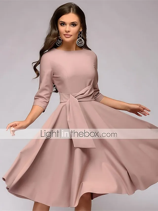 Women's A Line Dress Knee Length Dress Dark Green Navy Blue Beige 3/4 Length Sleeve Pure Color Lace up Fall Spring Round Neck Stylish Elegant Casual Party Slim 2023 S M L XL XXL