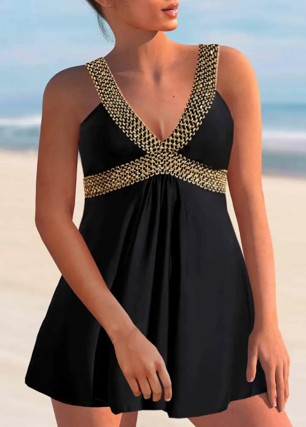 Patchwork Black Wide Strap Swimdress Top