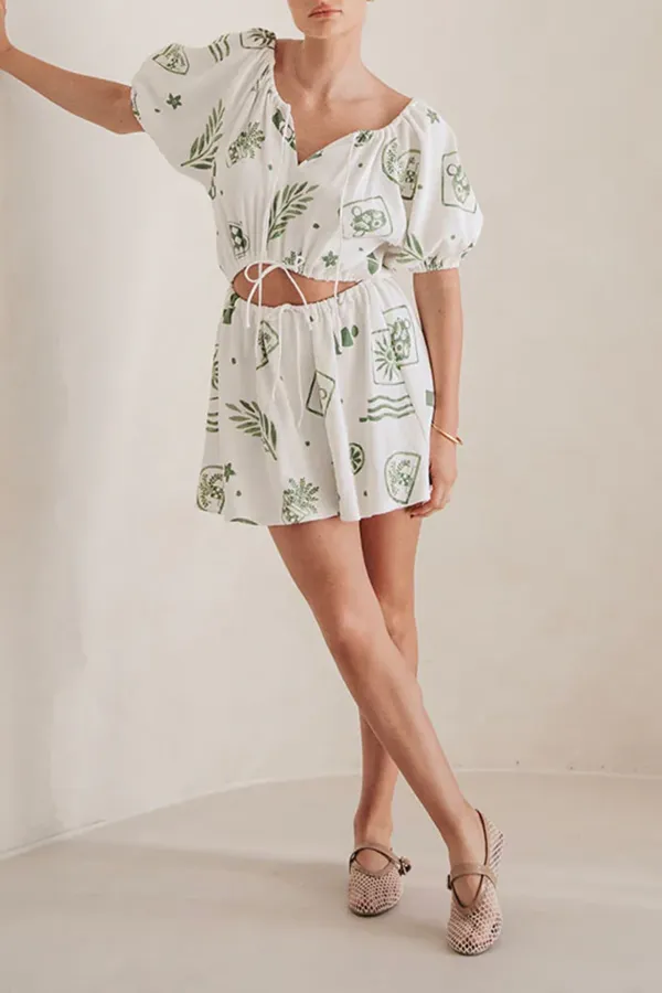 Leaf Print Short Sleeve Tie Waist Mini Dress