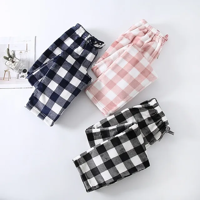Women's Christmas Pajamas Winter Pants Nighty Pjs Grid / Plaid Fashion Simple Comfort Party Xmas Home Bed Flannel Warm Breathable Long Pant Elastic Waist Winter Fall Blue Pink / Sweet / Gift / Print