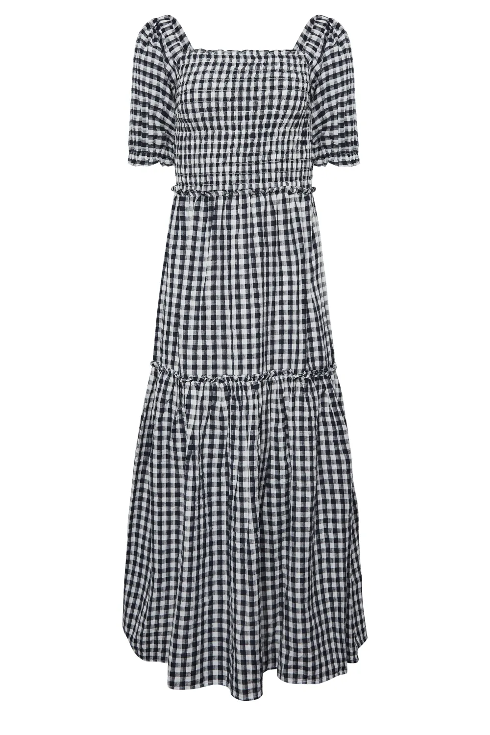 LTS Tall Black Gingham Shirred Midi Dress