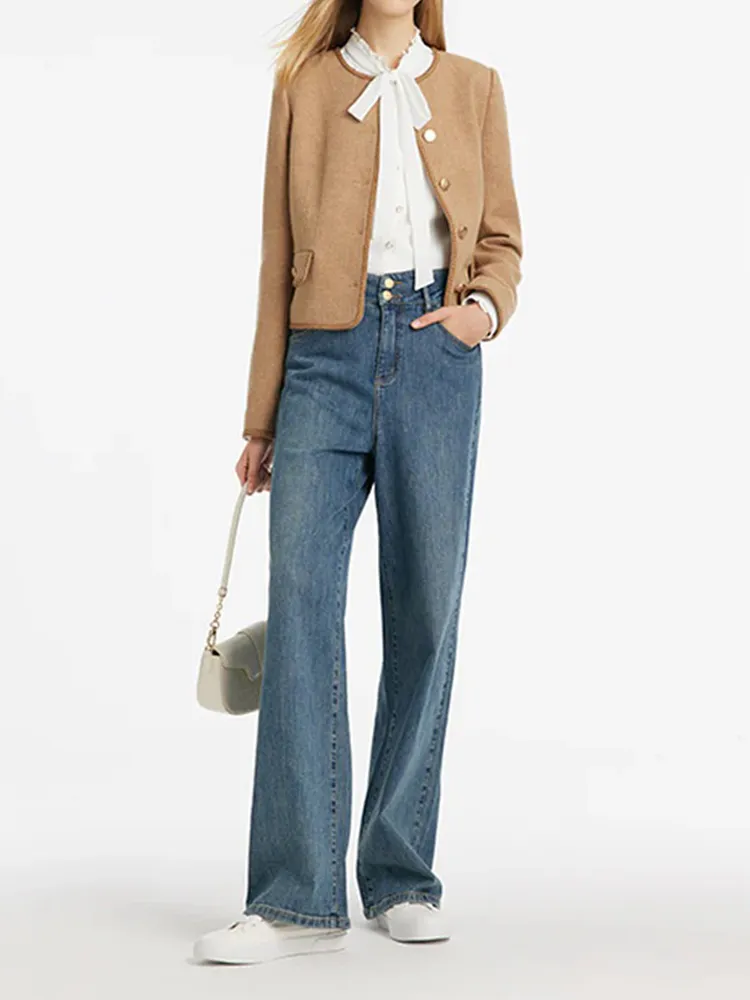 Washable Wool Round Neck SIngle-Breasted Women Jacket