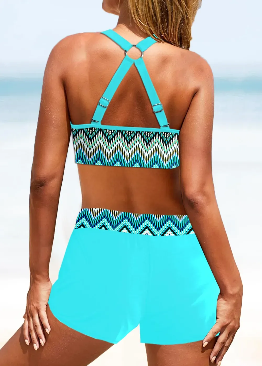 Metal Ring Geometric Print Sage Green Bikini Top