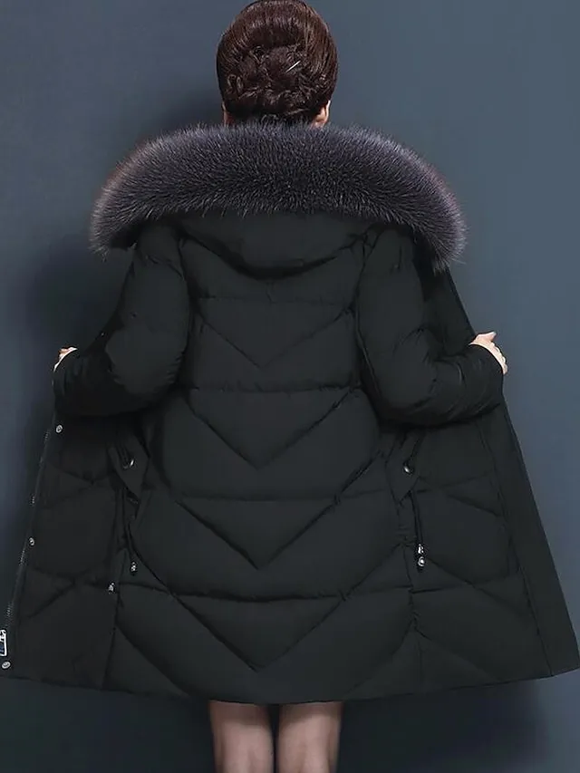 Women's Parka Long Puffer Jacket Winter Coat Zip up Coat with Fur Collar Thermal Warm Heated Coat Fall Outerwear with Pockets Warm Classic Long Sleeve Purple Red