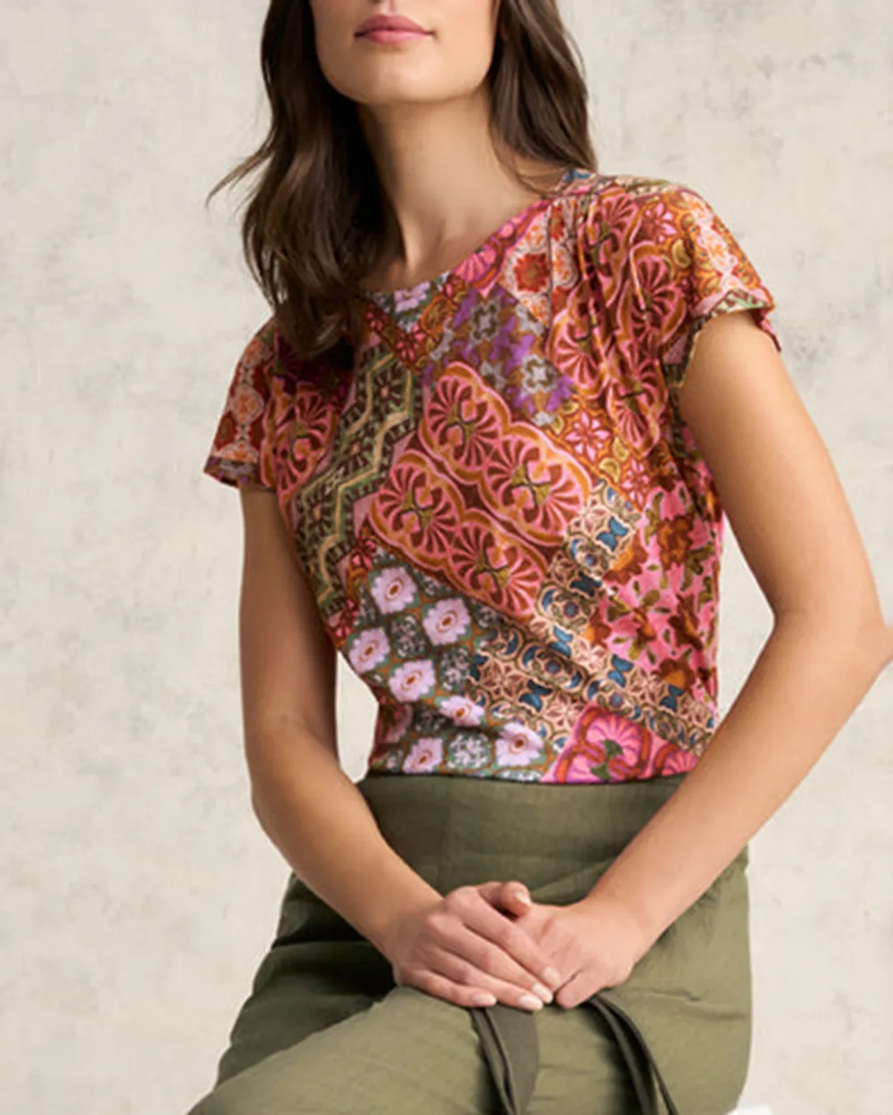Short Sleeve Patchwork Print Blouse