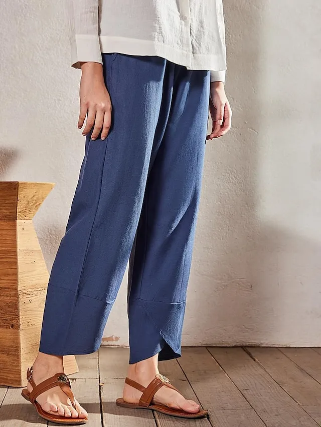 Women's Linen Pants Chinos Pants Trousers Cotton Plain Side Pockets Baggy Ankle-Length Mid Waist Fashion Casual Weekend Navy Blue khaki S M