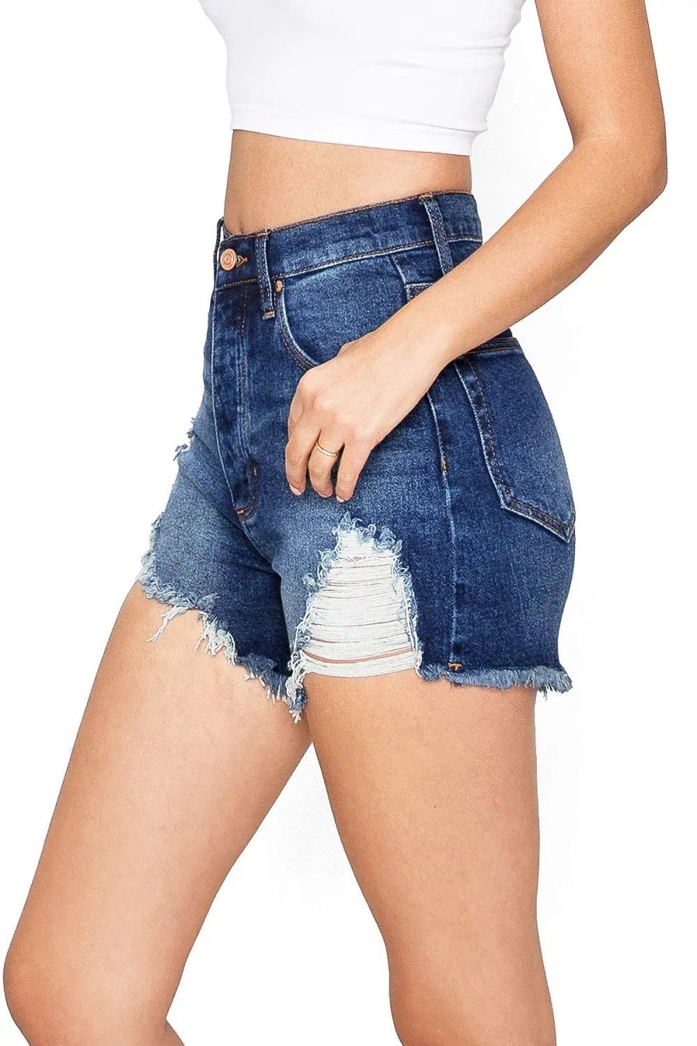 Medium Blue High - Waist Distressed Shorts