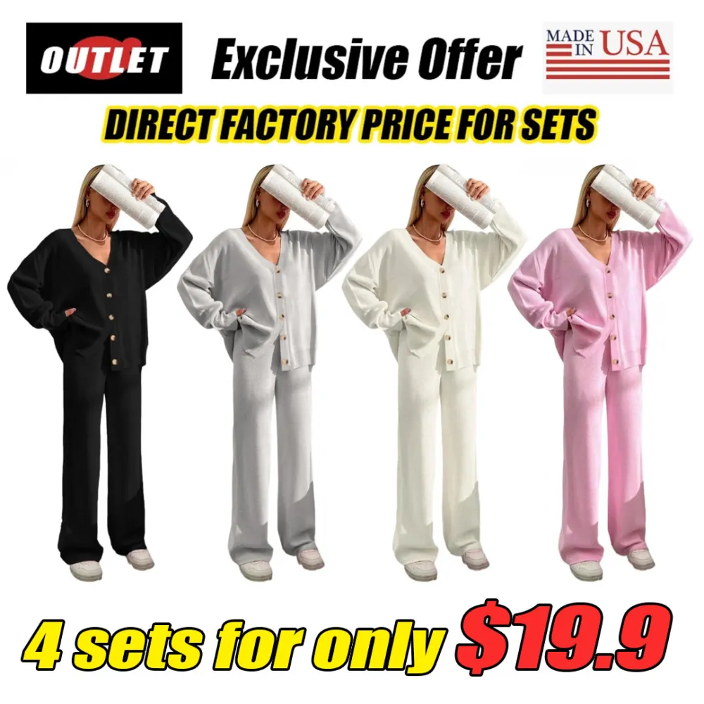 Women's Solid Color Off-Shoulder V-Neck Cardigan & Wide-Leg Pants 2-Piece Loungewear Set