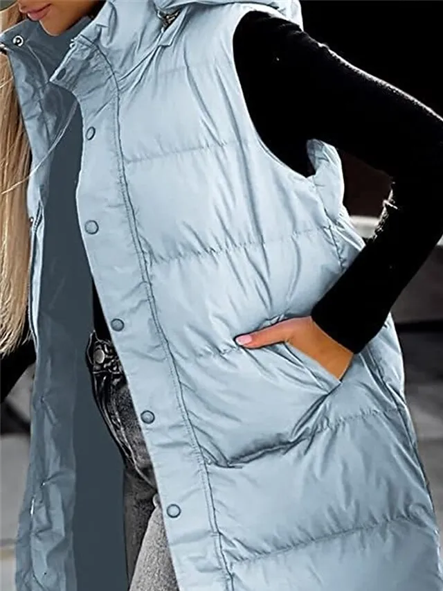 Women's Puffer Vest Long Winter Coat Sleeveless Hooded Jacket Thermal Warm Parka Windproof Gilet Zipper Outerwear Fall