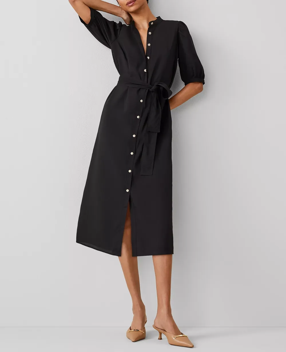 Stand Collar Belted Midi Shirtdress