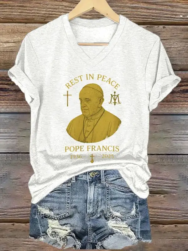 Women's Rest In Peace 1936-2025 Print Short Sleeve V-Neck Cotton T-Shirt