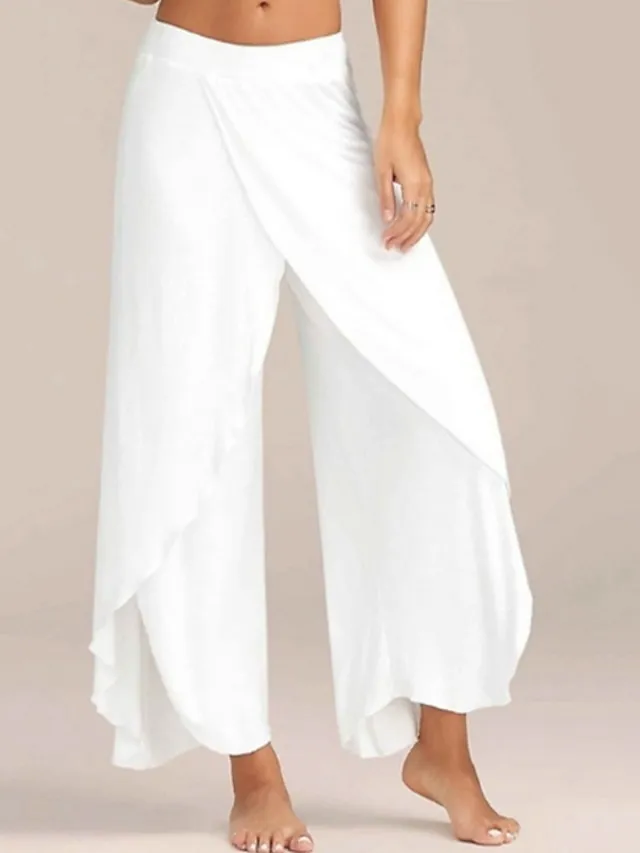 Women's Culottes Wide Leg Chinos Ruffle Layered Stretchy Mid Waist Basic Casual / Sporty Casual Daily Black White S M Summer Spring & Fall