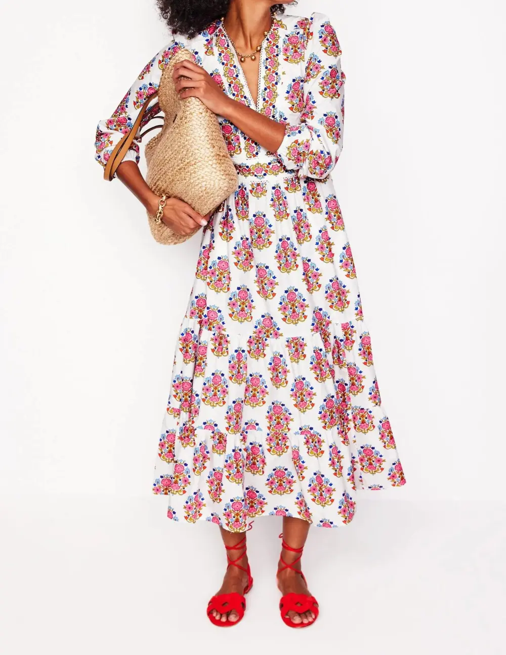White and Pink Paisley - Print Cotton Midi Dress