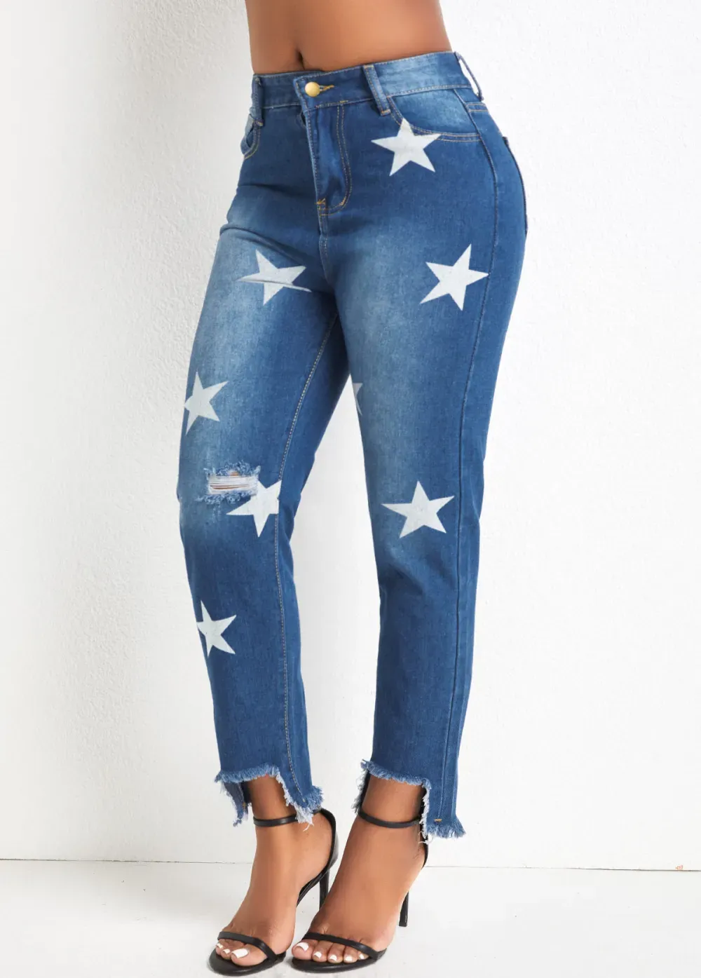 Denim Blue Pocket Star Print Regular Jeans