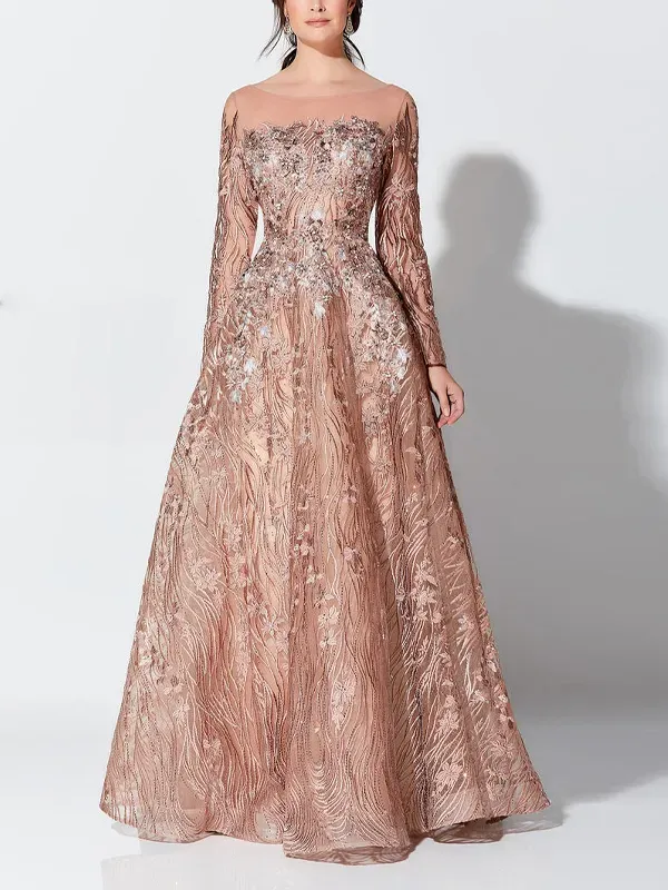 Round Neck Lace Long Sleeve Maxi Dress