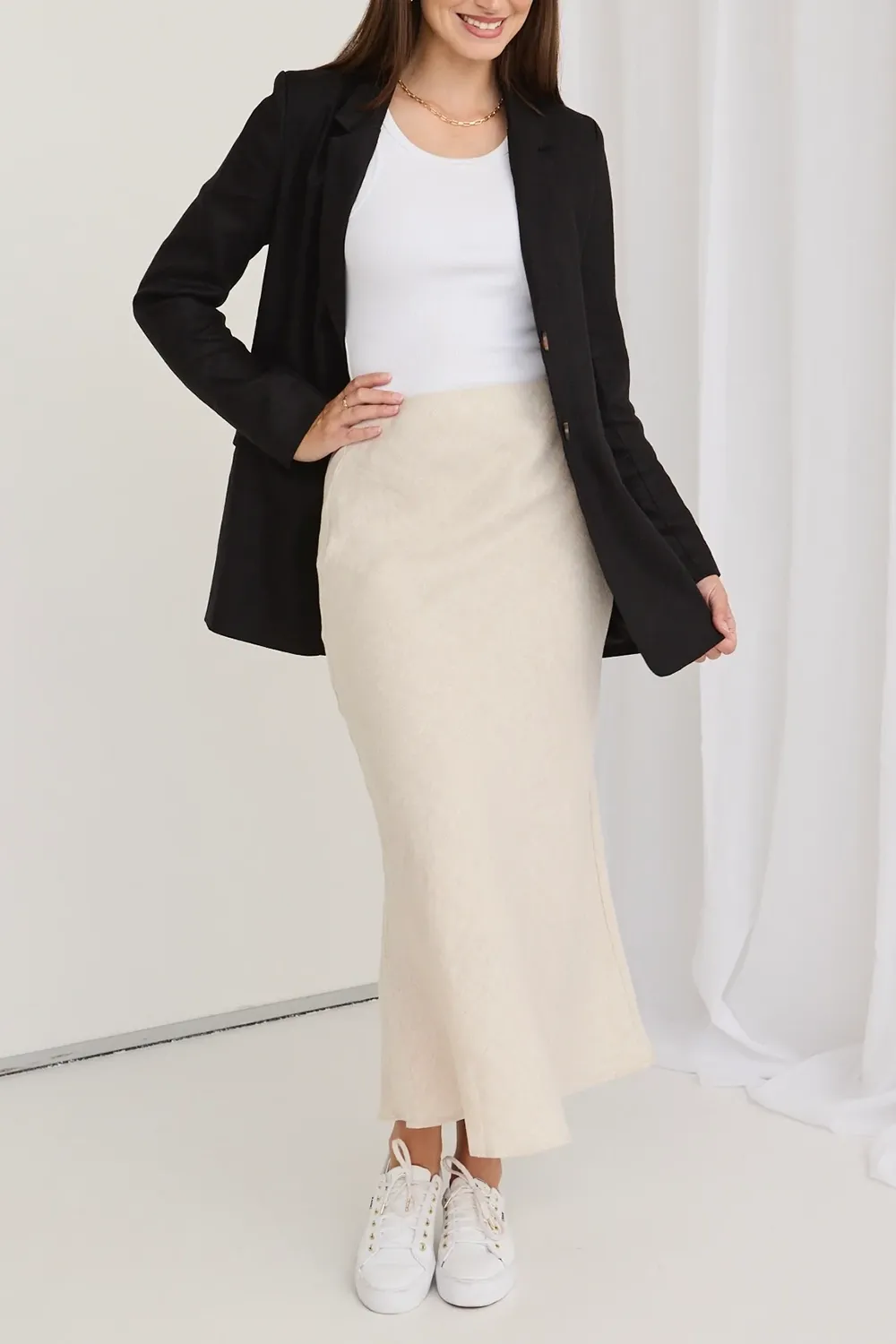 Black Linen Single Breasted Longline Blazer