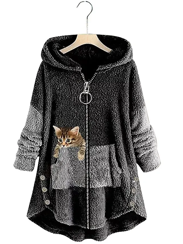 Women's Plus Size Teddy Coat Animal Casual Long Sleeve V Wire Regular Fall Winter Green Pink Dark Gray L XL XXL 3XL 4XL