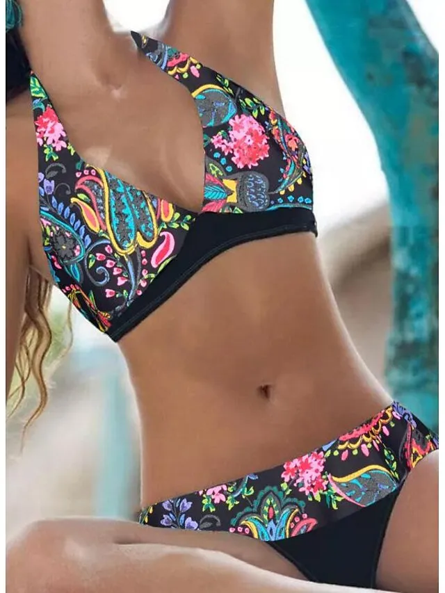 Women's Swimwear Bikini Normal Swimsuit 2 Piece Printing Floral Geometic Black Pink Blue Sky Blue Bathing Suits Sports Beach Wear Push Up