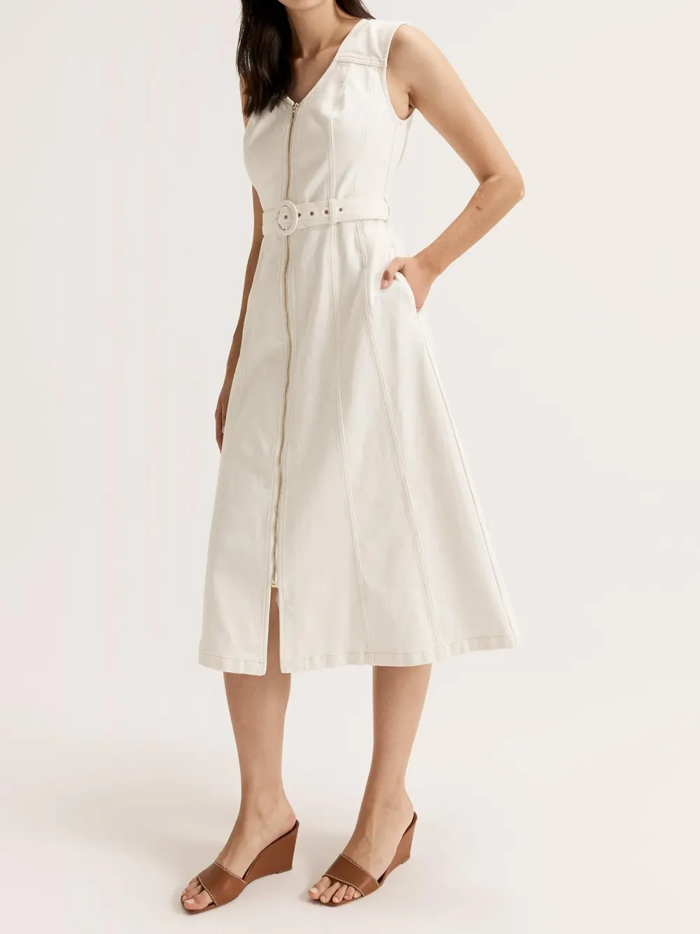 Denim Zip Patch Pocket Midi Dresses