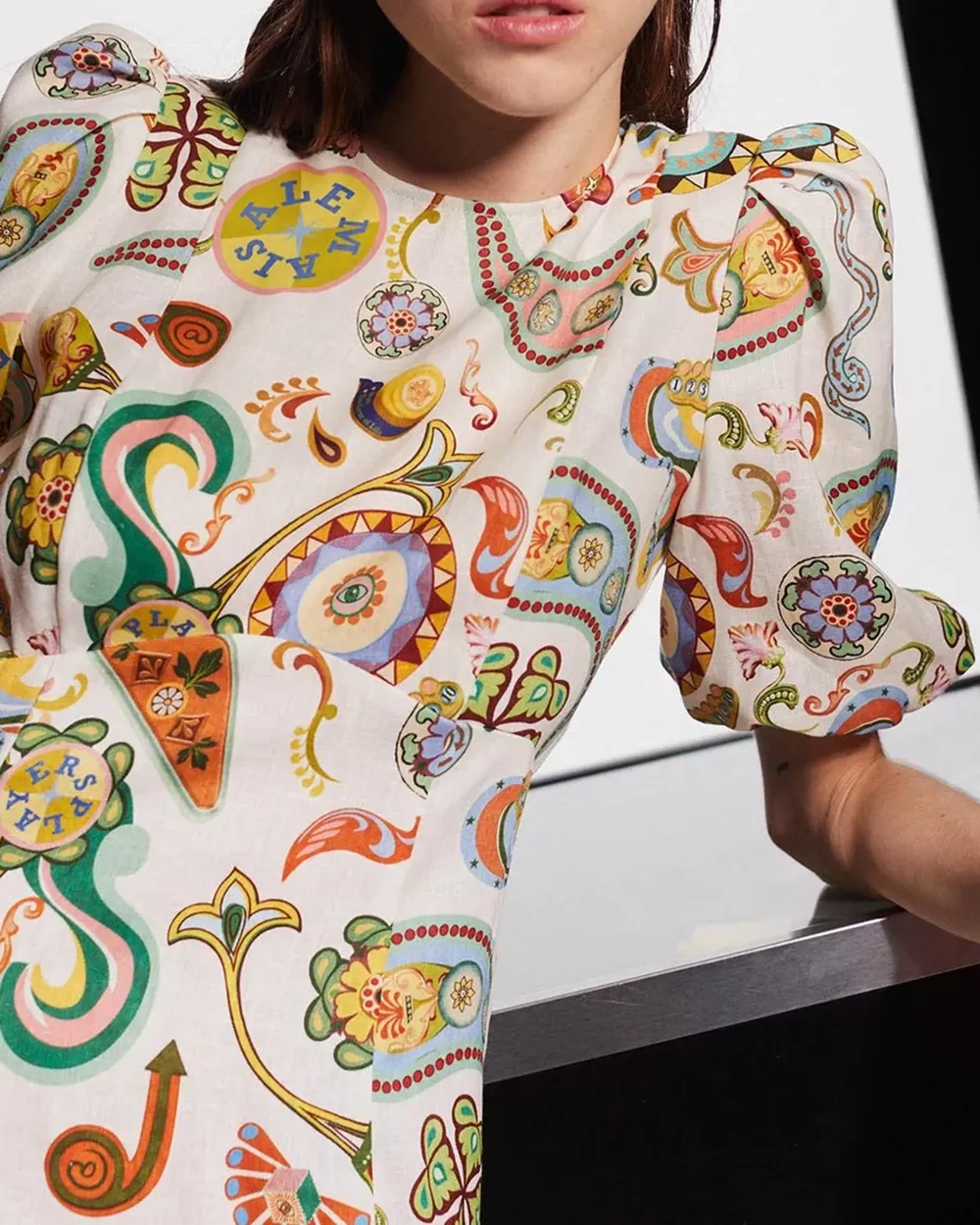 Puff Sleeves Crew Neck Midi Dress