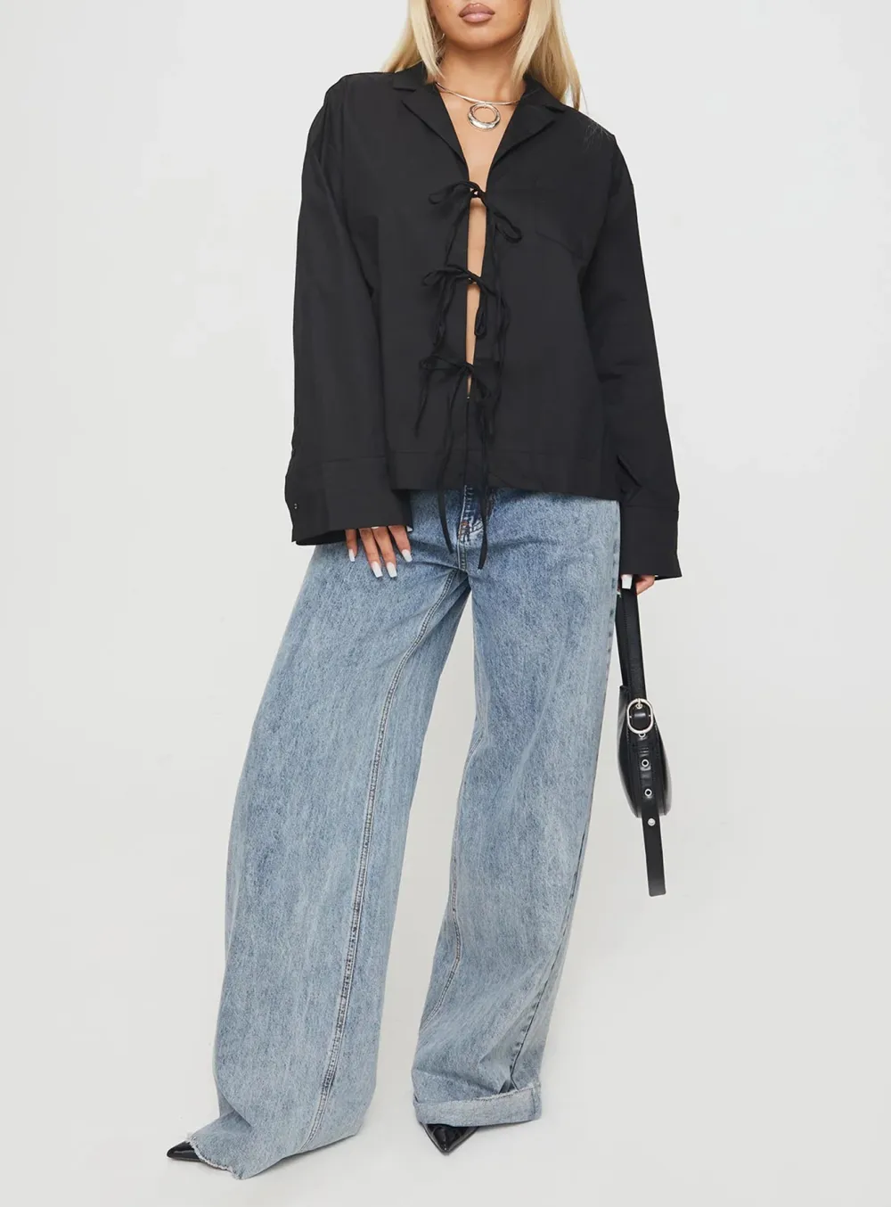 White Mandarin Collar Tie Front Shirt