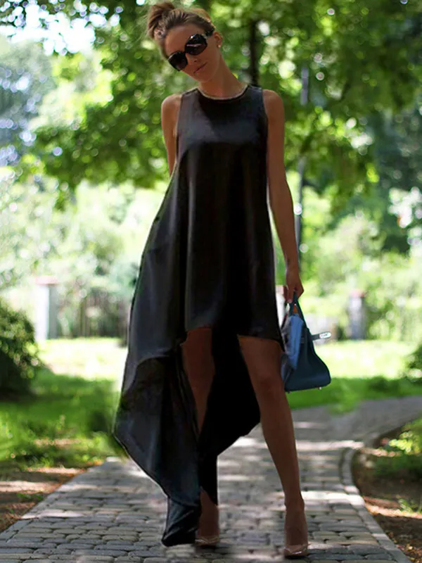 Vintage High-Low Solid Color Sleeveless Round-Neck Midi Dress