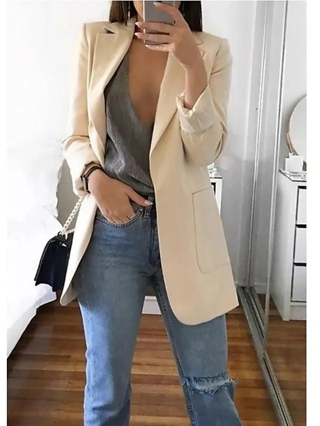 Women's Blazer Casual Pocket Clean Fit Formal Outdoor Daily Wear Polyester Spring Wine Green Black Open Front V Neck Regular Fit S M L XL XXL 3XL / Solid Color