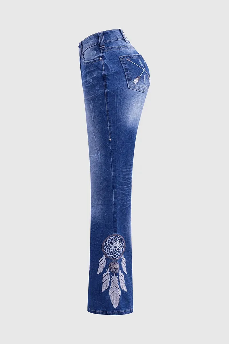 Vintage Feather Pattern Ripped Low Waist Bootcut Jeans