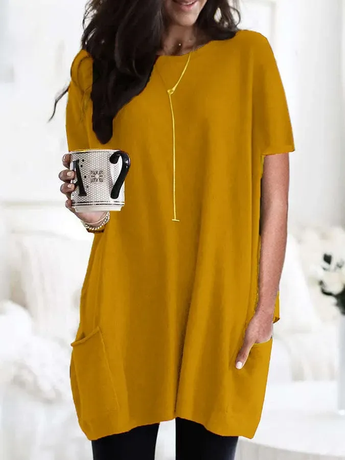 Solid Color Short Sleeve Casual Pocket T-Shirt