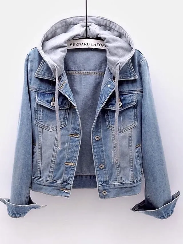 Women's Denim Jacket Fall Hoodie Jacket Warm Breathable Button Pocket Single Breasted Turndown Active Chic & Modern Comfortable Street Style Regular Fit Outdoor Daily Wear Vacation Going out