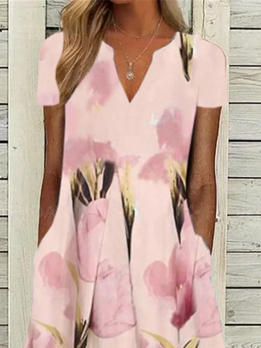 V-neck Casual Loose Floral Print Short Sleeve Midi Dress