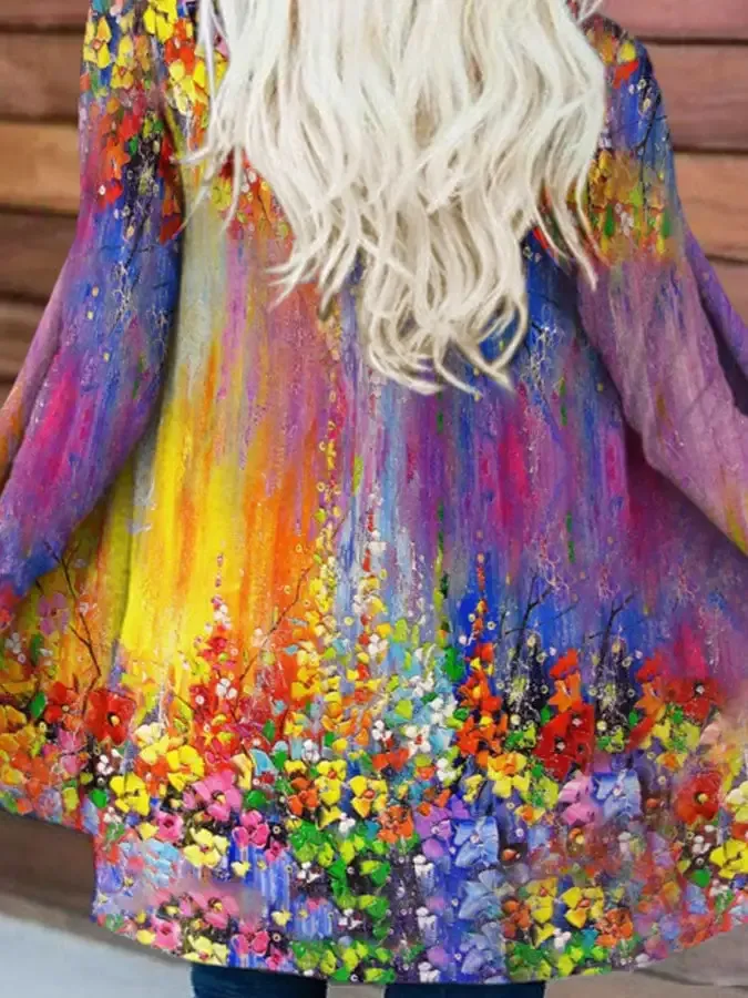 Vintage Flower Oil Painting Gradient Print Long Sleeve Cardigan