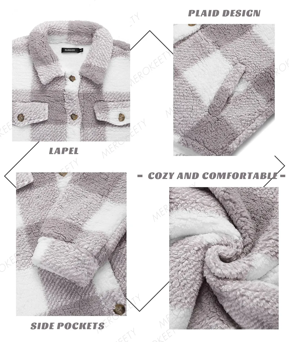 Women's Fleece Plaid Jacket Coats Button Down Lapel Sherpa Shacket Outwear with Pockets