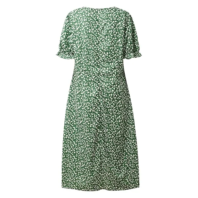 Women's Casual Dress Wrap Dress Floral Dress Floral Button Print V Neck Midi Dress Fashion Classic Daily Holiday Short Sleeve Regular Fit Black Dark Red Yellow Summer Spring S M L XL XXL