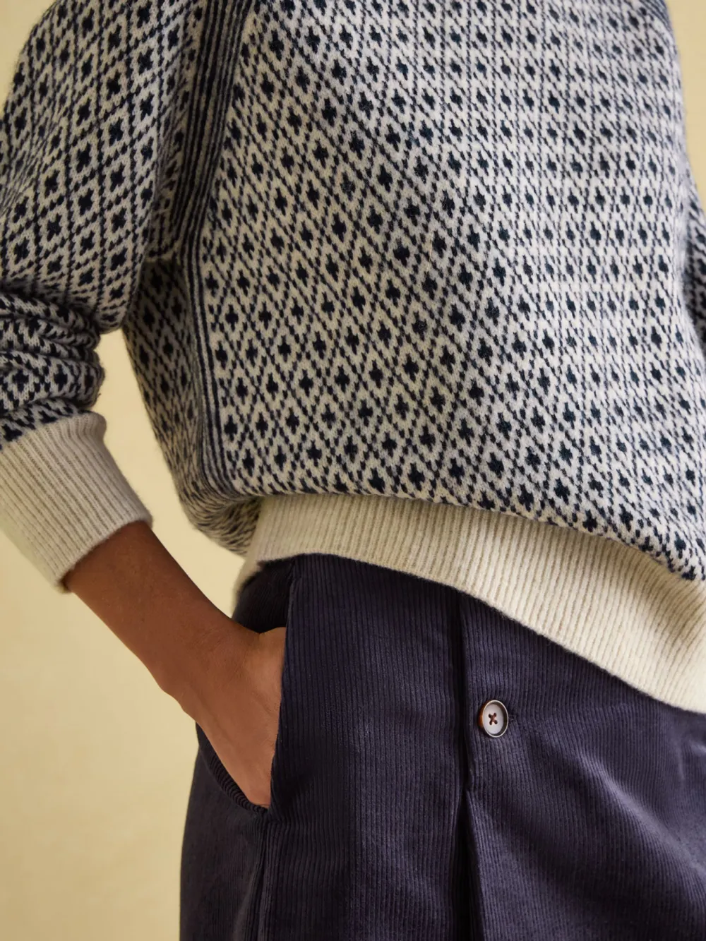 Cream/Navy Patterned Jumper with Detachable Roll Neck