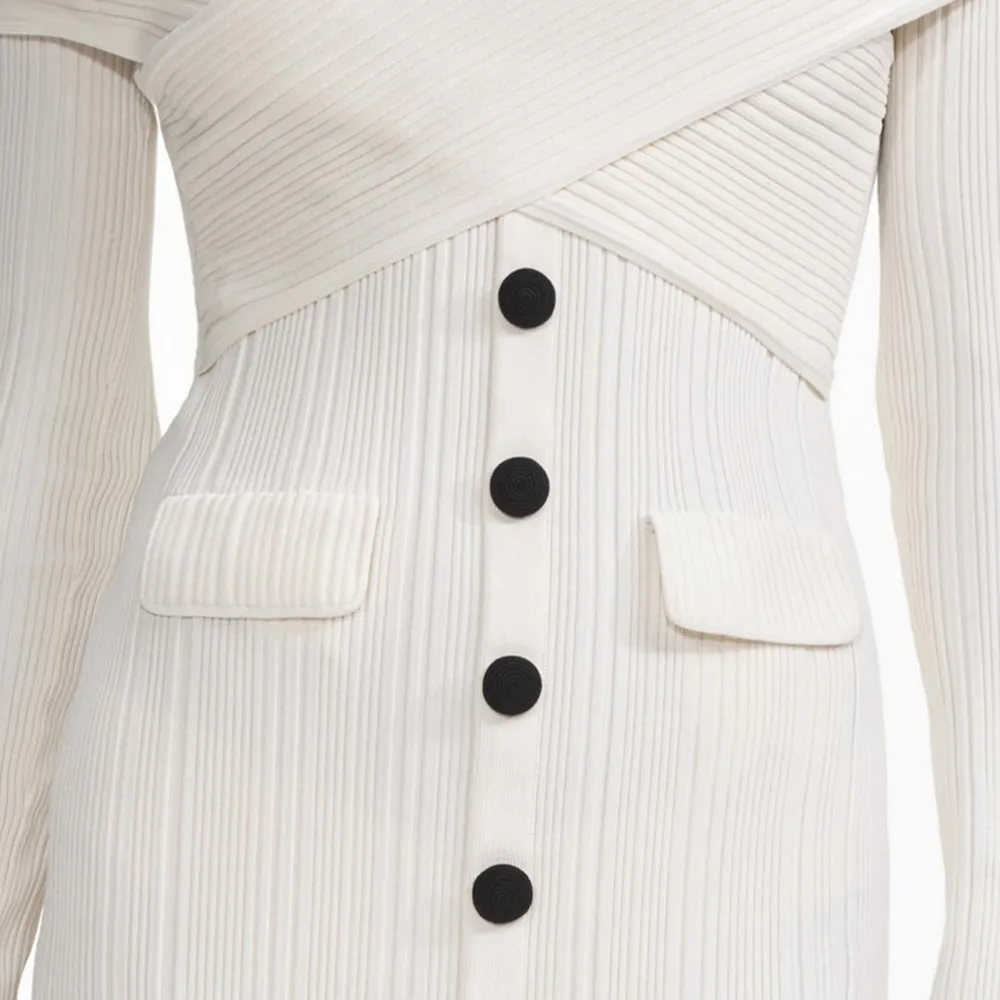 Cream Off Shoulder Knit Midi Dress