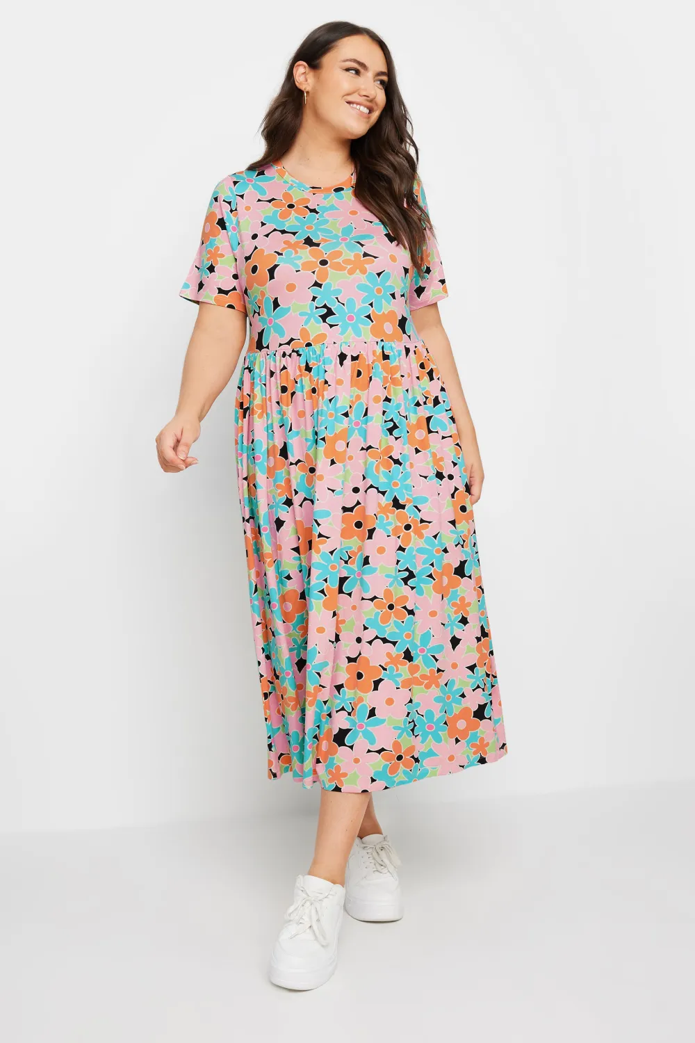 YOURS Curve Orange & Blue Retro Floral Print Smock Dress