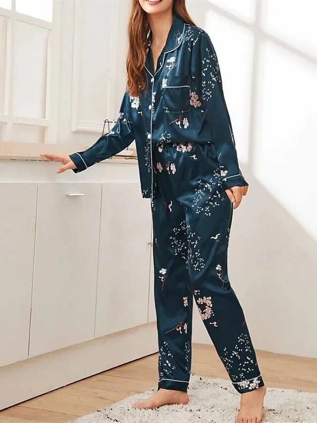 Women's Pajamas Sets Nighty Pjs 2 Pieces Heart Stripe Fashion Comfort Home Satin Lapel Long Sleeve Pant Button Fall Spring Light Pink Green / Silk / Flower / Feather