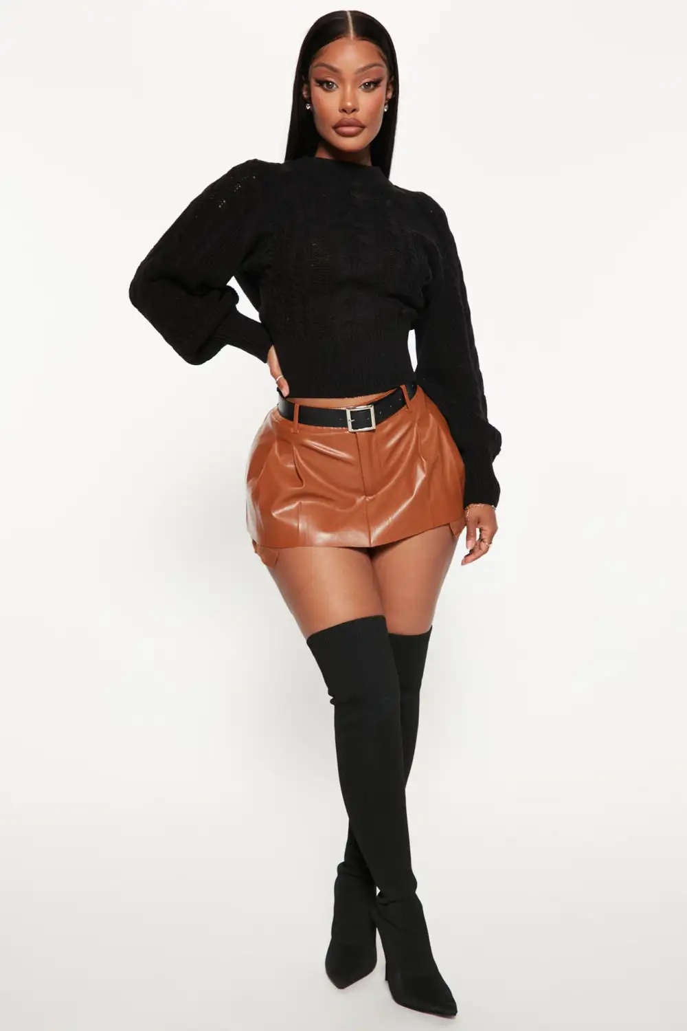 Melissa Cable Knit Cropped Sweater - Black