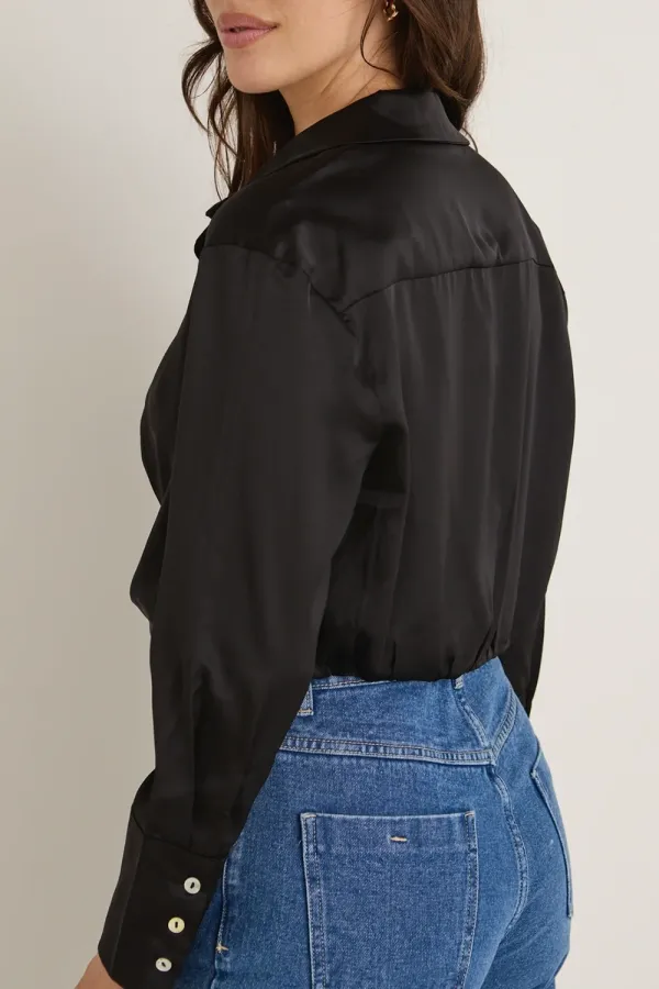 Black Satin Wrap Front Long - Sleeve