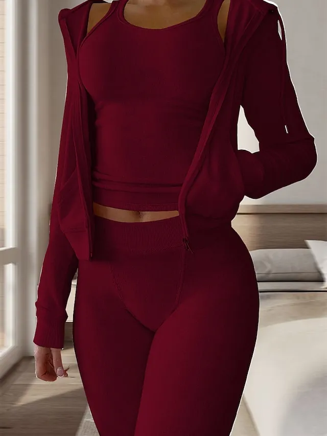 Women's Flannel Lounge Sets Sweasuits 3 Pieces Pure Color Warm Fashion Plush Home Daily Bed  Warm Breathable Hoodie Long Sleeve Hoodie Pant Fall Winter claret Lotus Pink