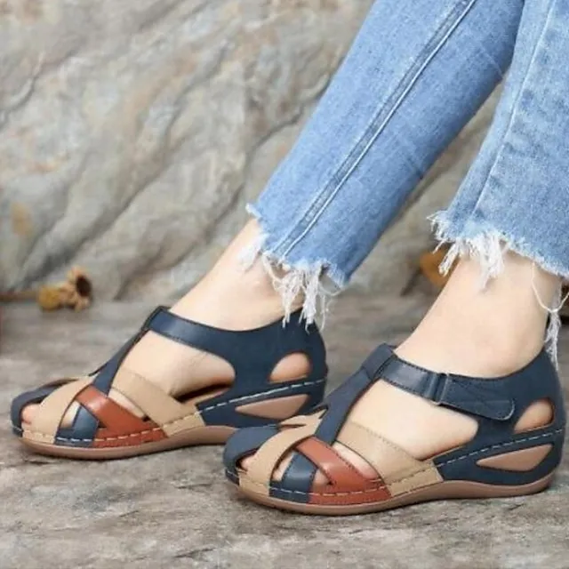 Women's Sandals Wedge Sandals Comfort Shoes Plus Size Outdoor Office Daily Summer Buckle Wedge Heel Round Toe Closed Toe Classic Casual Walking Shoes PU Leather Faux Leather Magic Tape Color Block