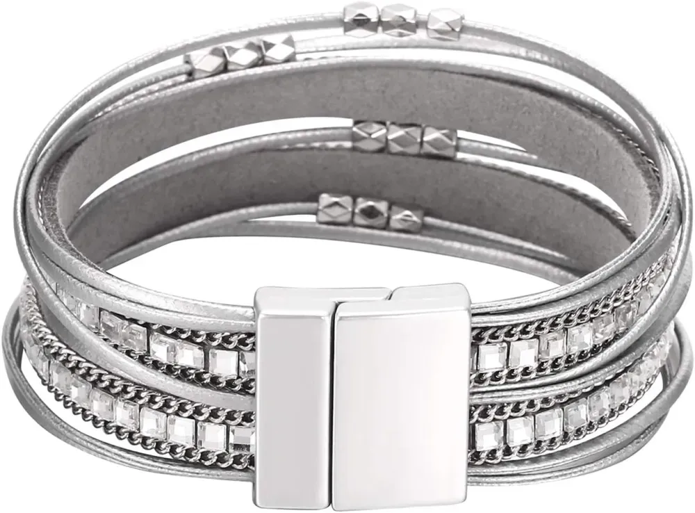 Fesciory Leather Wrap Bracelets for Women, Boho Leopard Multi-Layer Crystal Beads Cuff Bracelet Jewelry