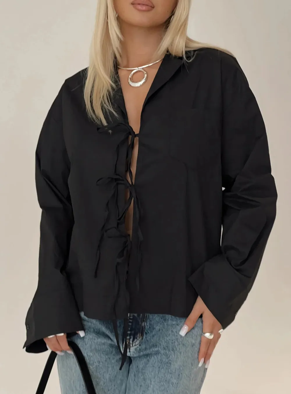 White Mandarin Collar Tie Front Shirt