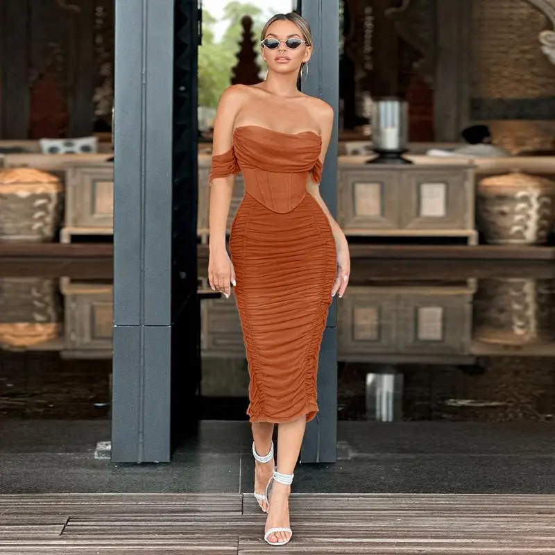 Women's Off The Shoulder Cocktail Midi Dress with Built-in Bra Ruched Bodycon Corset for Fall Homecoming Wedding Guest Formal Party - Sleeveless