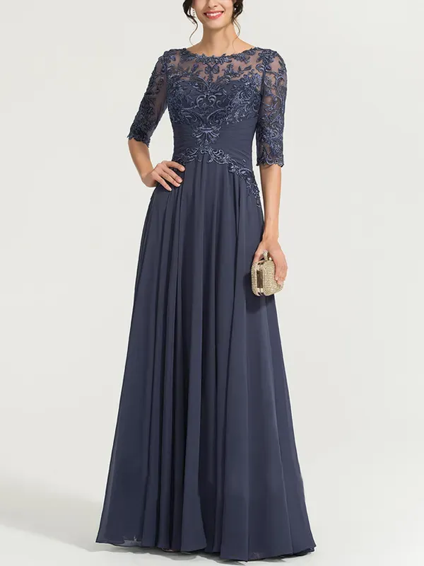 Round neck and floor-length chiffon sequined evening dress